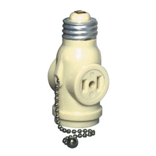 Leviton 1406-I Indoor 660 Watt, 125 Volt, 2-Pole, 2-Wire Pull Chain Lampholder with 2 Outlets. Pull chain controls lamp socket only, while outlet is continuously live - Ivory