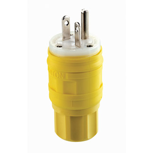 Leviton 14W48 20 Amp, 250 Volt, NEMA 6-20P, 2P, 3W, Plug, Straight Blade, Industrial Grade, Grounding, Wetguard - YELLOW