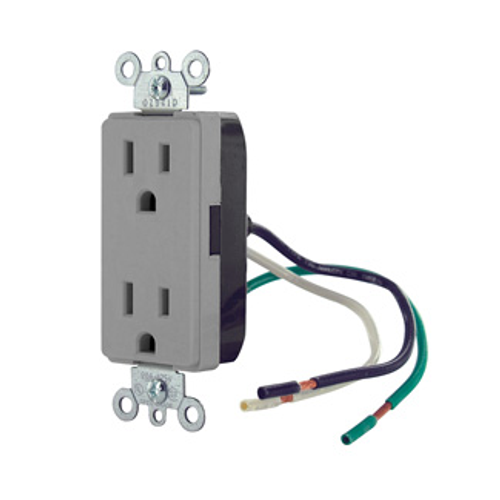 Leviton 16252-LGY Duplex Receptacle with Pre-Wired Leads, 15 Amp, 125 Volt