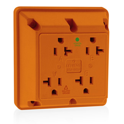 Leviton 21254-IG 4-in-1 Isolated Ground Quadruplex Receptacle Outlet, Heavy-Duty Industrial Specification Grade, 20 Amp, 125 Volt, Side Wire, NEMA 5-20R, 2-Pole, 3-Wire - Orange