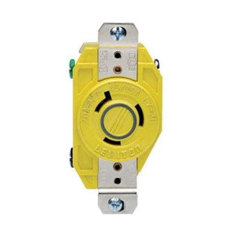 Leviton 23CM-30 20 Amp, 277 Volt, NEMA L7-20R, 2P, 3W, Flush Mtg Locking Receptacle, Industrial Grade, Grounding, Corrosion-Resistant - YELLOW