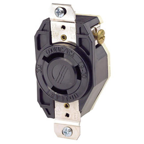 Leviton 2650 30 Amp, 600 Volt, NEMA L9-30R, 2P, 3W, Flush Mtg Locking Receptacle, Industrial Grade, Grounding, V-0-MAX - BLACK