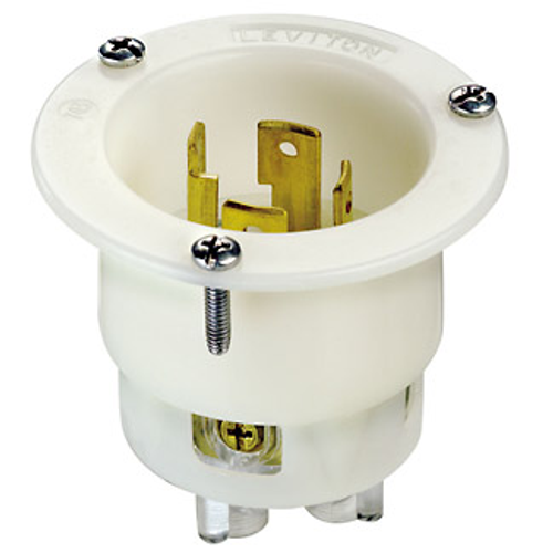 Leviton 2725 30 Amp, 250 Volt 3-Phase, NEMA L15-30P, 3P, 4W, Flanged Inlet Locking Receptacle, Industrial Grade, Grounding - WHITE