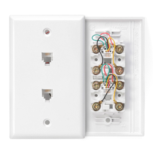 Leviton 40244-W Standard Telephone Wall Jack, 6P4C x 6P4C, Screw Terminals, White