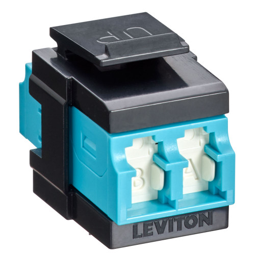 Leviton 41086-LLE QuickPort Duplex LC Adapter, Shuttered, 10G LOMM, Zirconia Ceramic Sleeve, Aqua/Black