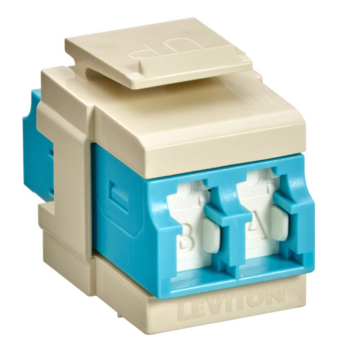 Leviton 41086-LLI QuickPort Duplex LC Adapter, Shuttered, 10G LOMM, Zirconia Ceramic Sleeve, Aqua/Ivory