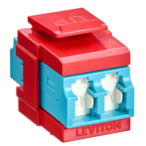 Leviton 41086-LLR QuickPort Duplex LC Adapter, Shuttered, 10G LOMM, Zirconia Ceramic Sleeve, Aqua/Crimson Red