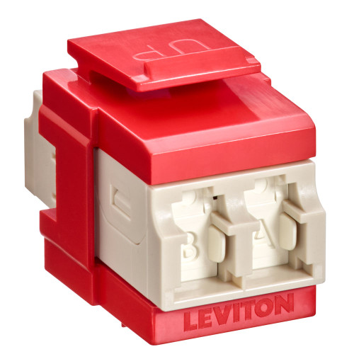 Leviton 41086-MLR QuickPort Duplex LC Adapter, Shuttered, MM, Zirconia Ceramic Sleeve, Beige/Crimson Red