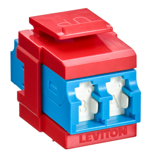 Leviton 41086-SLR QuickPort Duplex LC Adapter, Shuttered, SM, Zirconia Ceramic Sleeve, Blue/Crimson Red