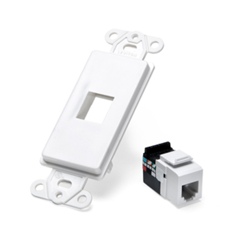 Leviton 41638-W Decora Insert Kit, 6P6C, white. Kit includes: one 1-port Decora insert and one 6P6C USOC jack.