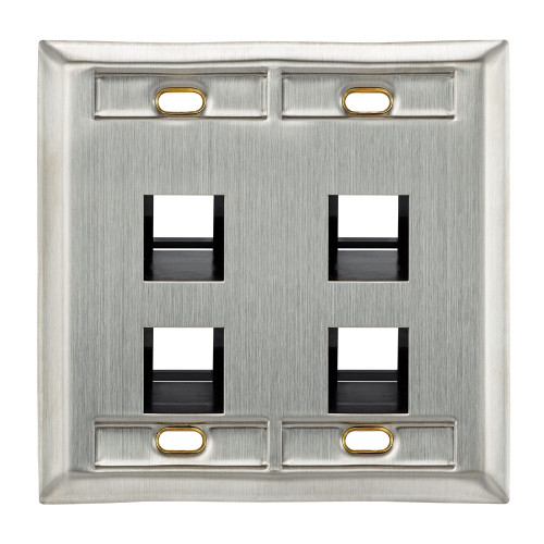 Leviton 43081-2L4 Angled Stainless Steel QuickPort Wallplate, Dual Gang, 4-Port, with ID Windows