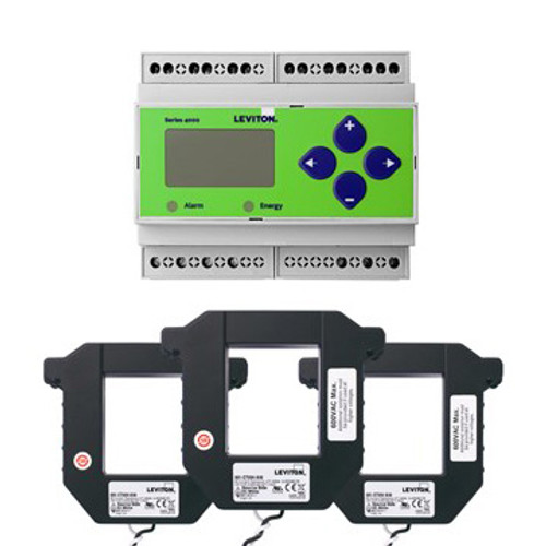 Leviton 4KUMR-4M Submeter, DIN rail mount, Universal Voltage, 3 Phase 3 Wire/4 Wire, Max 400A, (3) Split Core Current Transformers, Electric Meter Kit