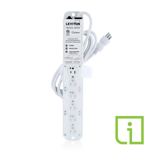 Leviton 53C6M-1S7 15 Amp Medical Grade Power Strip with Load Monitoring Informª Technology, Surge Protected, 6-Outlet, 7Õ Cord