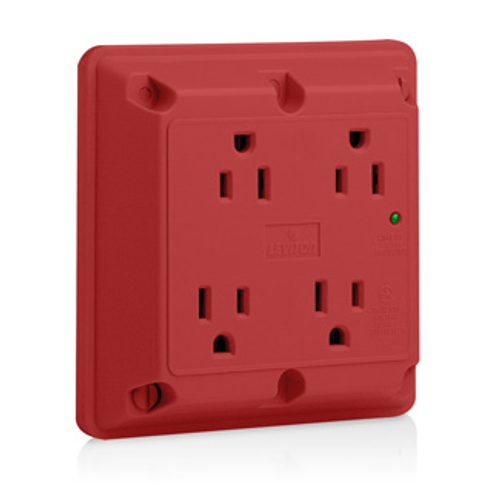Leviton 5480-R n-1 Surge Protective Quadruplex Receptacle Outlet, Heavy-Duty Industrial Specification Grade, 15 Amp, 125 Volt, Side Wire, NEMA 5-15R, 2-Pole, 3-Wire - Red