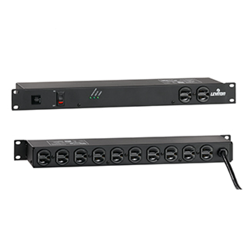 Leviton 5505-190 120 Volt 15 Amp Surge Protected, 19 Inch Rack Mount w/Switch and 5-15P Plug, Data Sensitive, 540 Joules, 400V Impulse Clamping, 12 Feet 14-3 SJT Cord Length, Steel Housing - Black