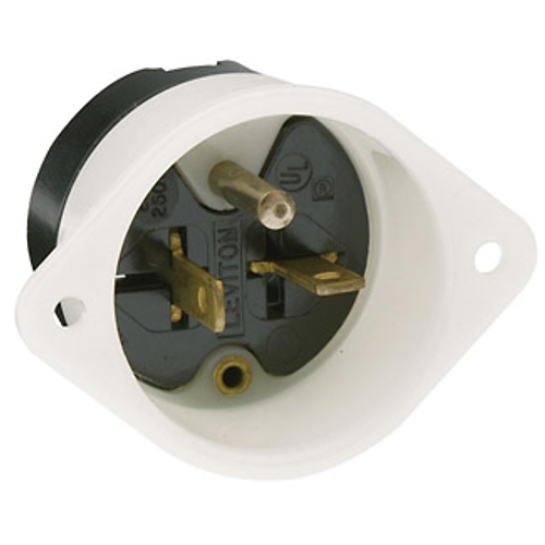 Leviton 5829 20 Amp, 250 Volt, NEMA 6-20P, 2P, 3W, Flanged Inlet Receptacle, Straight Blade, Commercial Grade, Grounding, , Back Wired, Thermoplastic Nylon Strap, - White