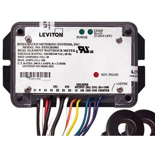 Leviton 5B201-H02 Submeter, 120/240V, 2 Phase 3 Wire, Dual Element, 200A Potted Mini Meter, 1 kWh resolution, kWh Electric Meter, 2 Permanently Attached Current Transformers