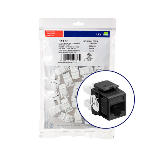 Leviton 5G110-BE5 eXtreme Cat 5e QuickPort Jack QuickPack, 25-pack, Black