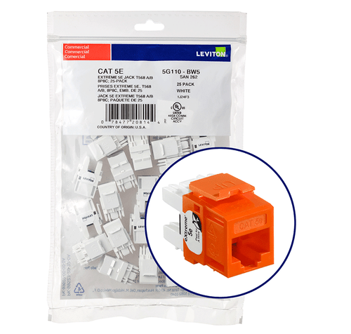 Leviton 5G110-BO5 eXtreme Cat 5e QuickPort Jack QuickPack, 25-pack, Orange