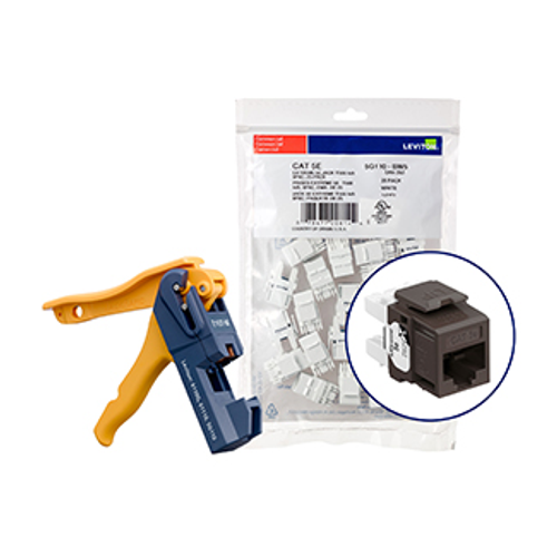 Leviton 5G110-JB5 150 eXtreme Cat 5e QuickPort Jacks, Bulk QuickPack, Brown, Kitted with JackRapidª Tool