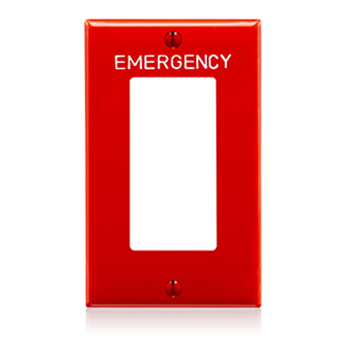 Leviton 80401-REW 1-Gang Decora¨ Duplex Receptacle Wallplate/Faceplate, Standard Size, Thermoplastic Nylon, Device Mount, Hot Stamped Emergency, White Lettering Size 3/16-Inch - Red