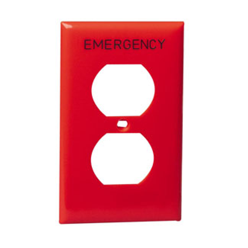 Leviton 80703-RE 1-Gang Duplex Device Receptacle Wallplate, Standard Size, Thermoplastic Nylon, Device Mount, Hot Stamped Emergency, Black Lettering Size 3/16-Inch - Red