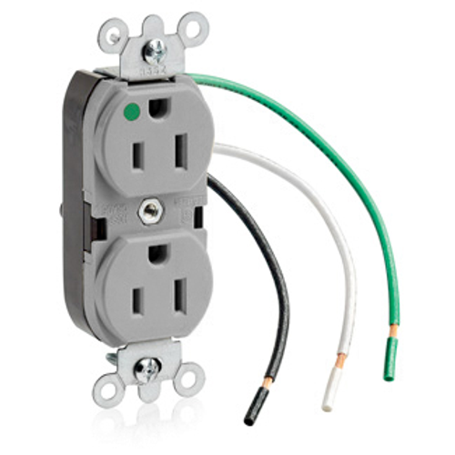 Leviton 8200-LGY Duplex Receptacle with Pre-Wired Leads, 15 Amp, 125 Volt