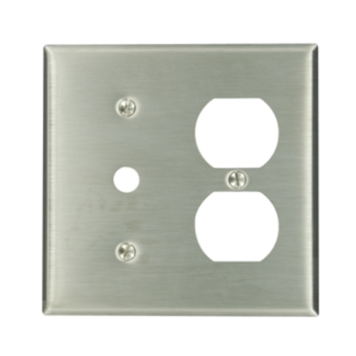 Leviton 84078-40 2-Gang 1-Duplex 1-Telephone/Cable .406 Device Combination Wallplate, Standard Size, 302 Stainless Steel, Strap Mount, - Stainless Steel