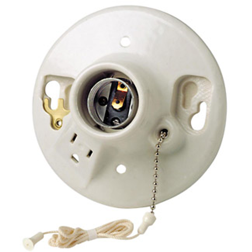 Leviton 9726-C2 Medium Base One-Piece Glazed Porcelain Outlet Box Mount Incandescent Lampholder, Pull Chain, Single Circuit, 2 Screws Top Wired, 15A 125V Outlet Grounding - White