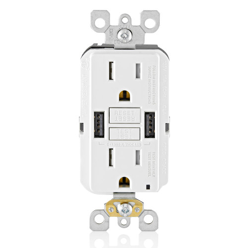 Leviton GUSB1-W 15A SmartlockPro¨ GFCI Combination 24W(4.8A) Type A USB In-Wall Charger Outlet