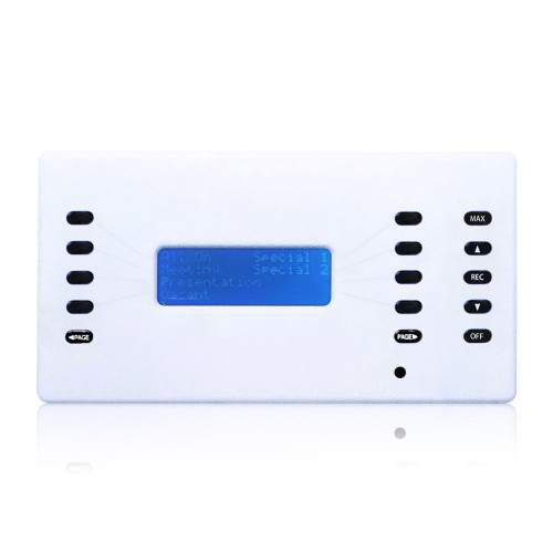 Leviton KLCD0-W D8000 LCD Station, 15 buttons: Page, Presets 1 thru 8, Raise, Lower, Record, Max & Off, Color: White
