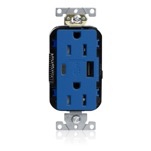 Leviton M56AC-B Tamper-Resistant USB Receptacle, Type A/C, 15 Amp 125 Volt, Commercial Grade, Blue - Lev-Lok