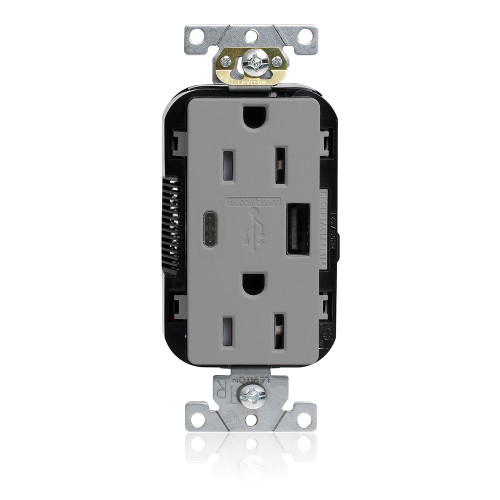 Leviton M56AC-GY Tamper-Resistant USB Receptacle, Type A/C, 15 Amp 125 Volt, Commercial Grade, Gray - Lev-Lok