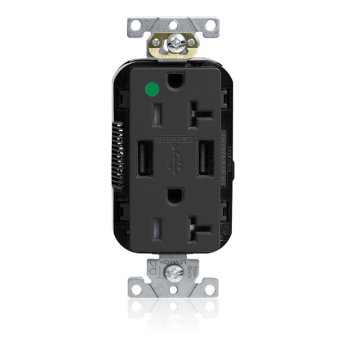 Leviton M58AA-HGE Tamper-Resistant USB Receptacle, Type A/A, 20 Amp 125 Volt, Hospital Grade, Black - Lev-Lok
