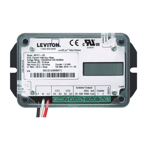 Leviton MDNCT-1SC Submeter, 120/240V 1 Phase 3 Wire, 120/208V 2 Phase 3 Wire, Dual Element, 100A Mini Meter, 0.1kWh, No Enclosure, LCD Counter, Electric Meter, 2 Solid Core Current Transformers Included