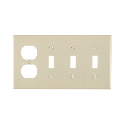 Leviton P38-T Combination Wallplate. 4-Gang; 3-Toggle, 1-Duplex Device. Standard Size, Thermoset, Device Mount. Lt Almond.
