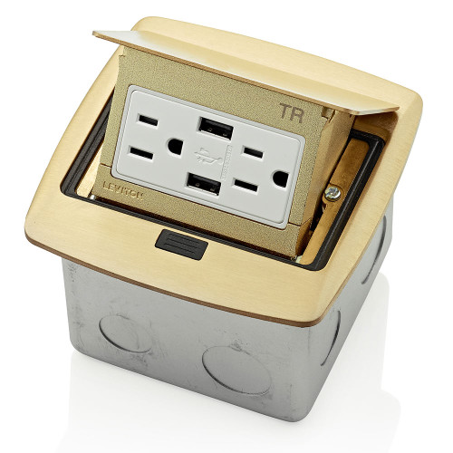 Leviton PFUS1-BR Pop-Up Floor Box with Dual Type A, 3.6 Amp USB Charger, 15 Amp Outlet