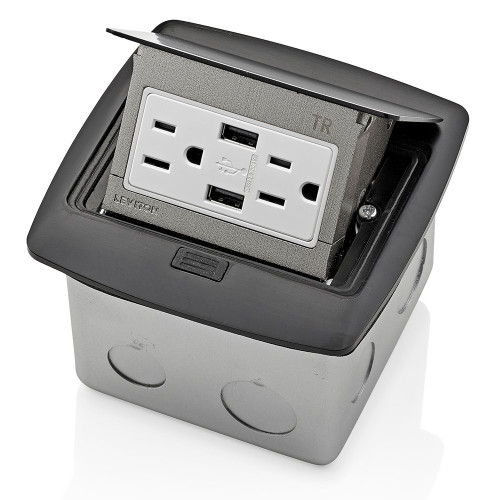 Leviton PFUS1-MB Pop-Up Floor Box with Dual Type A, 3.6 Amp USB Charger, 15 Amp Outlet