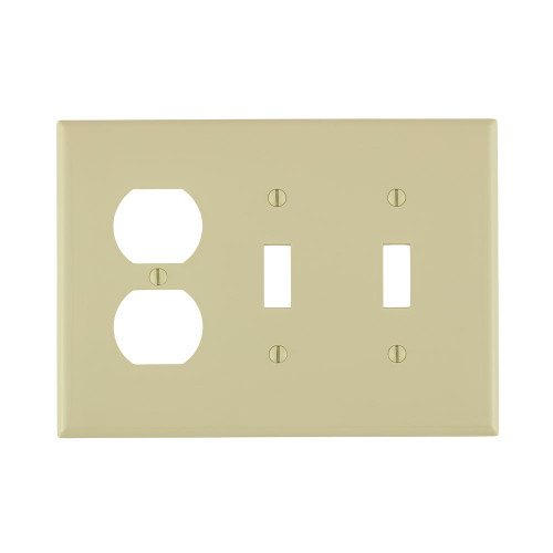 Leviton PJ21-I Wallplate; 3-Gang, Midway Size. Combination Device; 2 Toggle/1 Duplex outlet opening. High Impact thermoplastic. Device Mount. Ivory.