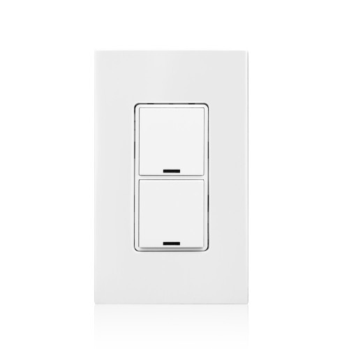 Leviton RLVSW-2LW IRC Low Voltage Dimming Switch, 2 Button. Compatible with 2 Button Color Change Kits (RDGSW-2Ex). Color: White. Includes a matching screwless snap-on wall plate.
