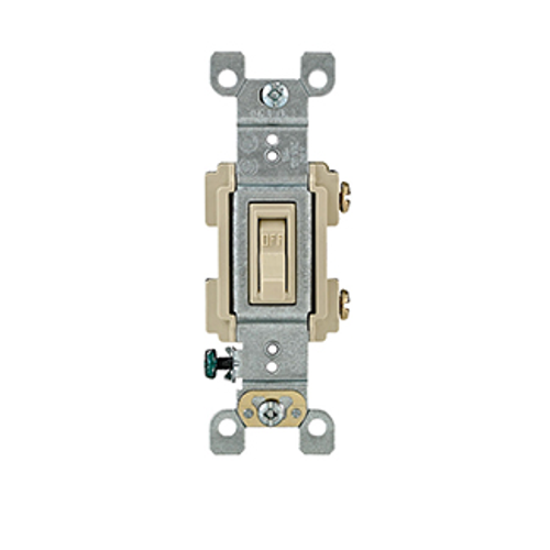 Leviton RS115-ICP Switch Framed Toggle, Single Pole, Quiet Switch, 15A-120V AC, Residential Grade, Quickwire and Side-Wired, Terminal Clamps, Grounding Clip, Ground Screw, Color: Ivory