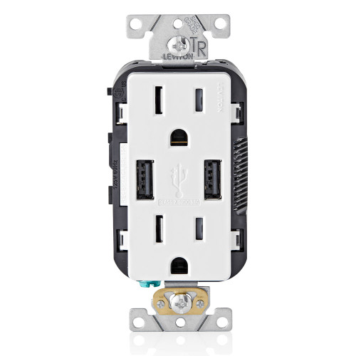 Leviton T5632-SW 3.6A USB Type-A/Type-A Wall Outlet Charger with 15A Tamper-Resistant Receptacles