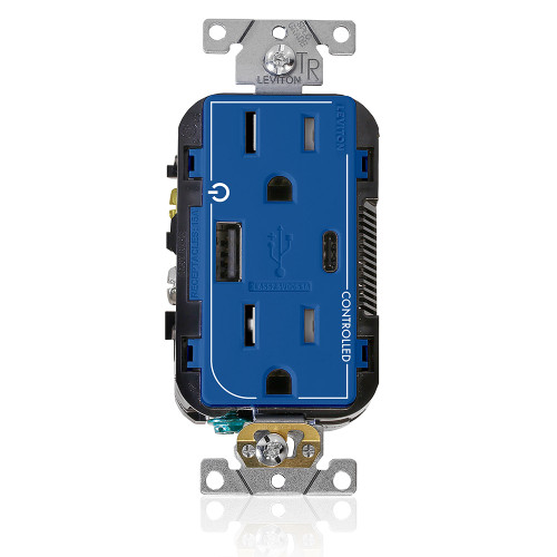 Leviton T5633-2BU Dual Marked ÒControlledÓ Tamper-Resistant USB Receptacle, Type A/C, 15 Amp 125 Volt, Blue