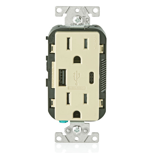 Leviton T5633-I 5.1A USB Type A/Type-C Wall Outlet Charger with 15A Tamper-Resistant Outlet
