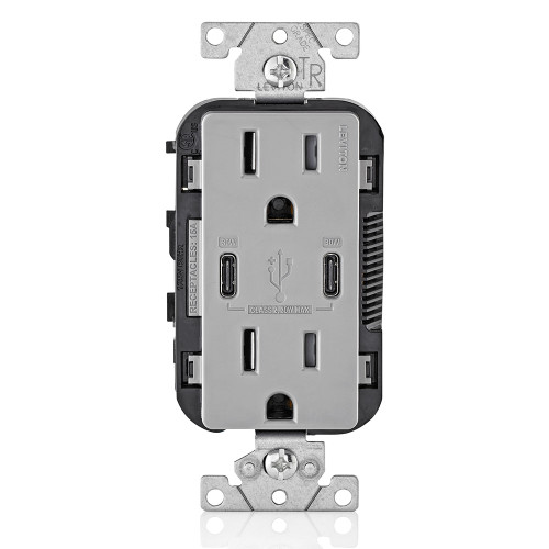 Leviton T5635-G 30W (6A) USB Dual Type-C/C Power Delivery Wall Outlet Charger with 15A Tamper-Resistant Outlet