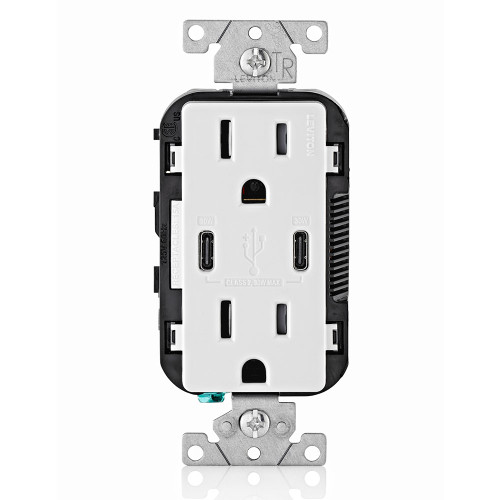 Leviton T5635-W 30W (6A) USB Dual Type-C/C Power Delivery Wall Outlet Charger with 15A Tamper-Resistant Outlet