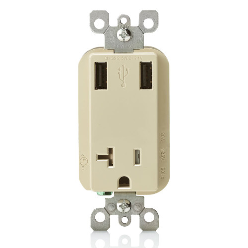 Leviton T5830-I 2.1A USB Type-A/Type-A Wall Outlet Charger with 20A Tamper-Resistant Receptacle