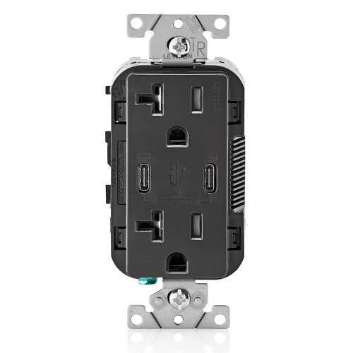 Leviton T5835-E 30W (6A) USB Dual Type-C/C Power Delivery Wall Outlet Charger with 20A Tamper-Resistant Outlet