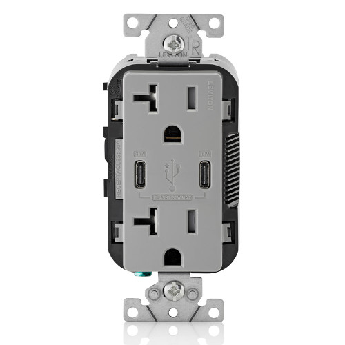 Leviton T5835-G 30W (6A) USB Dual Type-C/C Power Delivery Wall Outlet Charger with 20A Tamper-Resistant Outlet