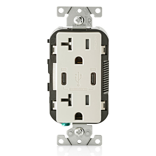 Leviton T5835-T 30W (6A) USB Dual Type-C/C Power Delivery Wall Outlet Charger with 20A Tamper-Resistant Outlet